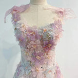 Vintage A line Straps Sequin Flowers Long Pink Prom Dress Evening Dresses HZ1024