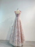 Vintage A line Straps Sequin Flowers Long Pink Prom Dress Evening Dresses HZ1024