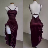 Vintage Mermaid Spaghetti Straps Custom Silk Satin Blue Long Prom Dresses HZ1024