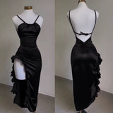 Vintage Mermaid Spaghetti Straps Custom Silk Satin Blue Long Prom Dresses HZ1024