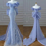 Sparkly Blue Prom Dresses With Bow Sequins Off The Shoulder Formal Party Dress HZ1024