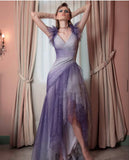 Sexy Mermaid Spaghetti Straps Tulle Grape And White Long Prom Dress HZ1024