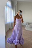 Vintage A line Spaghetti Straps Lilac Satin Evening Dress Ruffles Prom Dresses HZ1024
