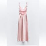 Vintage Sheath Spaghetti Straps Pink Satin Evening Dress Prom Dresses Long Birthday Outfits HZ1024
