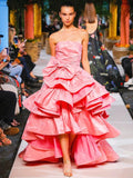 Ball Gown Strapless Pink Long Prom Dresses Evening Dress With Ruffles HZ1024